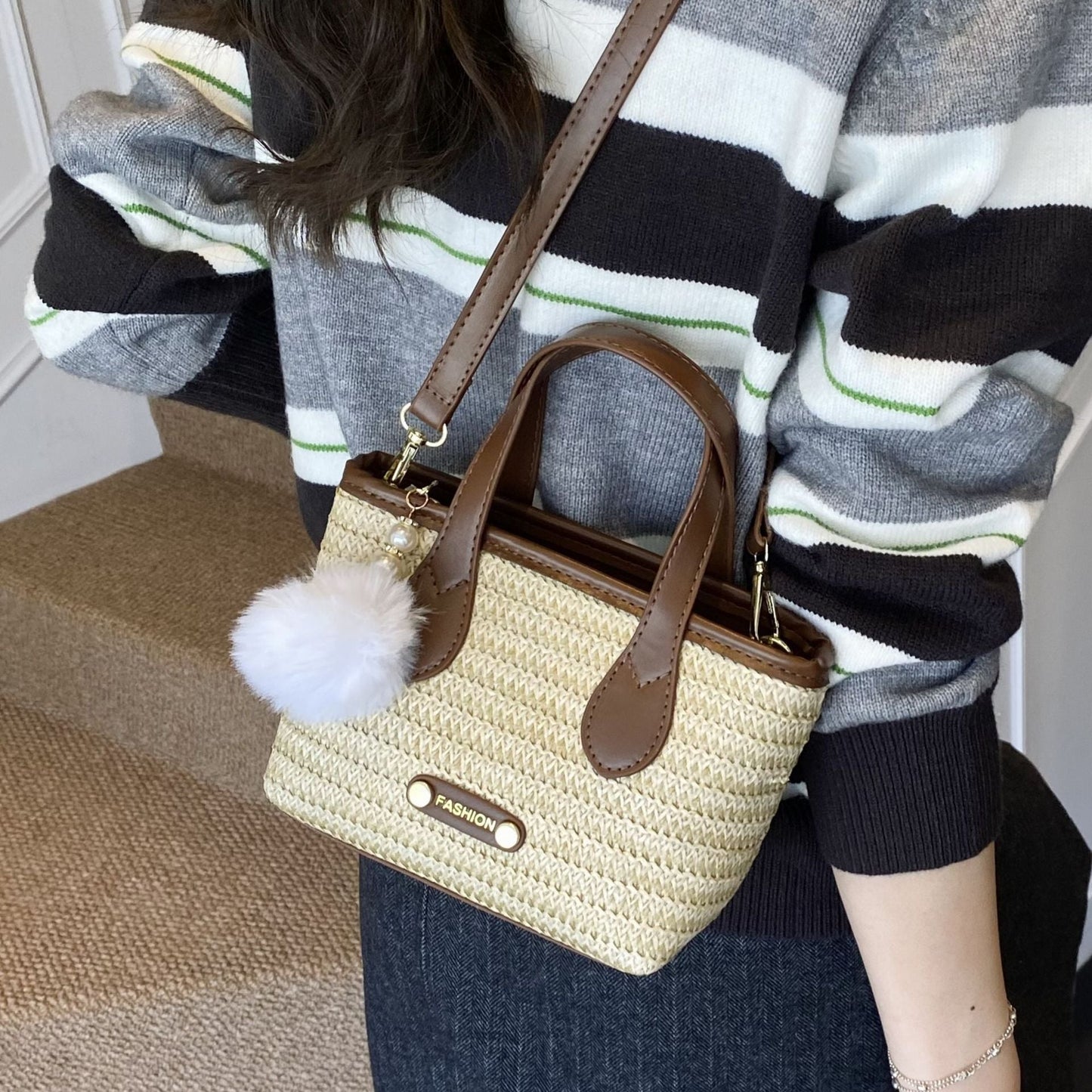 Colorful Woven Bucket Bag Stylish Casual Straw Handbag