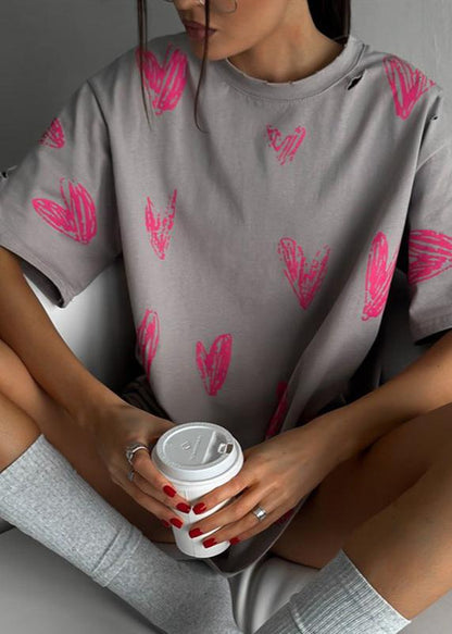 Oversized Cotton Tee With Pink Heart Sketch
