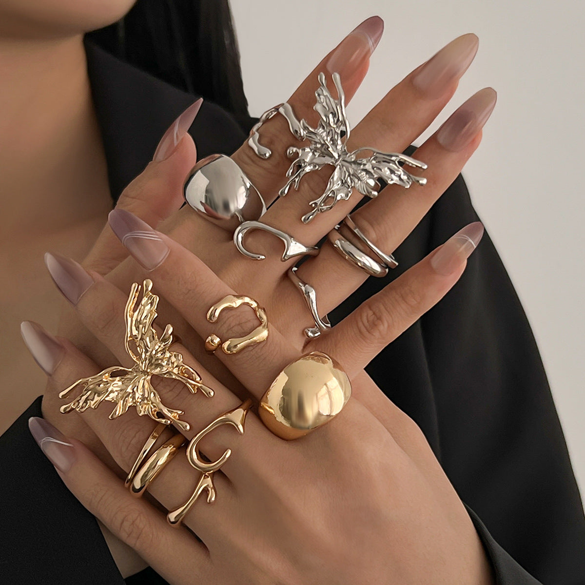 Butterfly Geometric Metal Ring Set Stylish Adjustable Open Rings