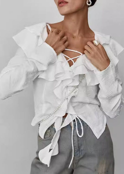 Ruffled Lace Up Blouse In White Cotton