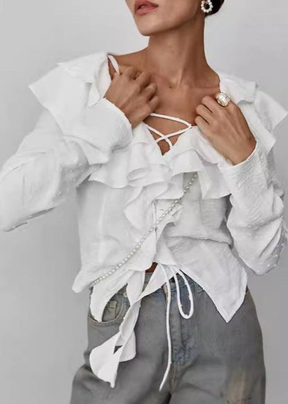 Ruffled Lace Up Blouse In White Cotton
