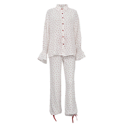 Heart Printed Cotton 3-Piece Set Casual Cardigan with Pants