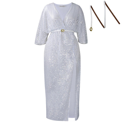 V-Neck Sequin Maxi Dress With Belt For Elegant Occasions