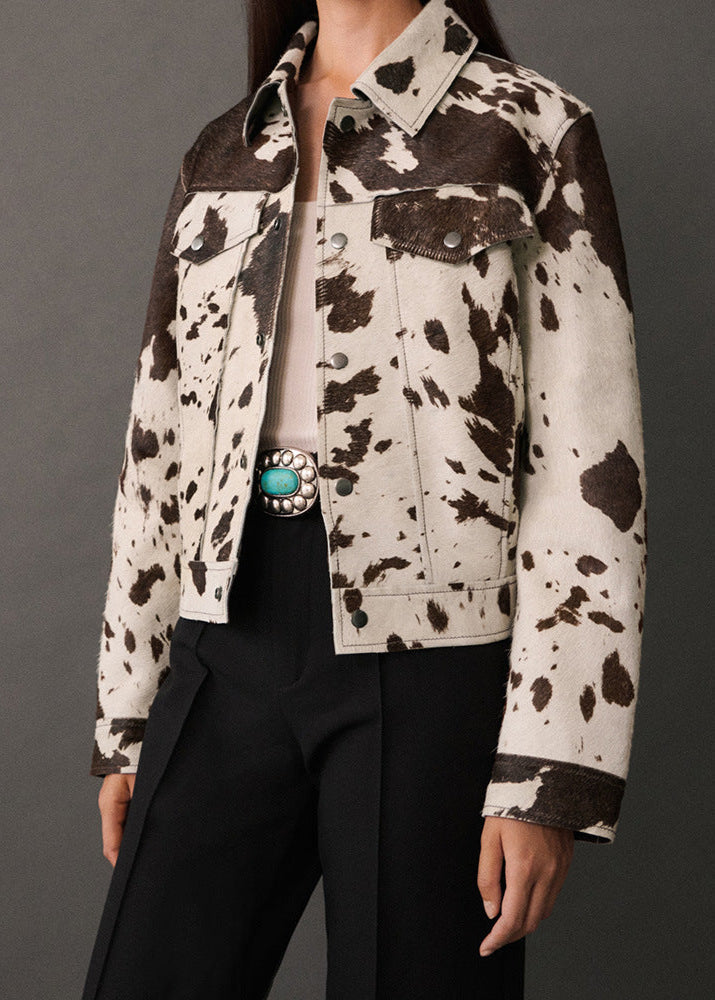 Cow Print Faux Fur Jacket With Denim Style