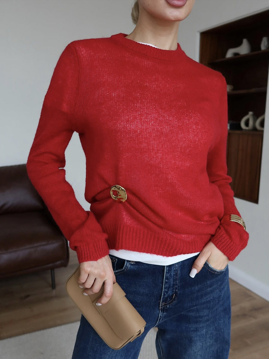 Simple Sheer Round Neck Long Sleeve Knit Top
