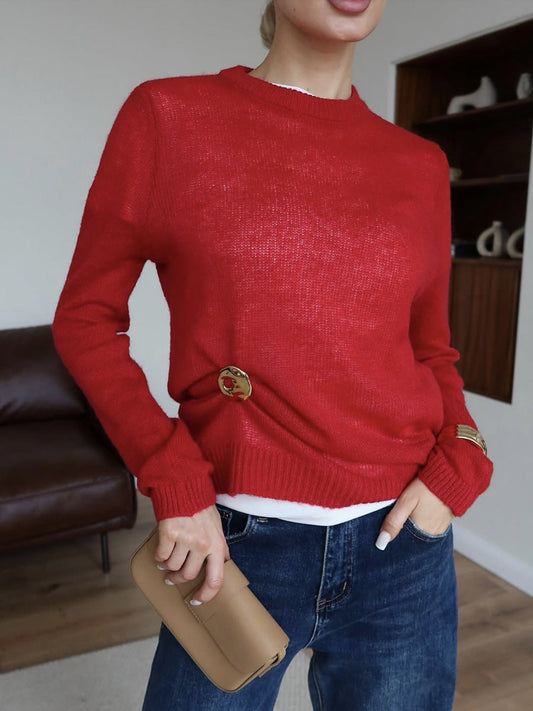 Simple Sheer Round Neck Long Sleeve Knit Top