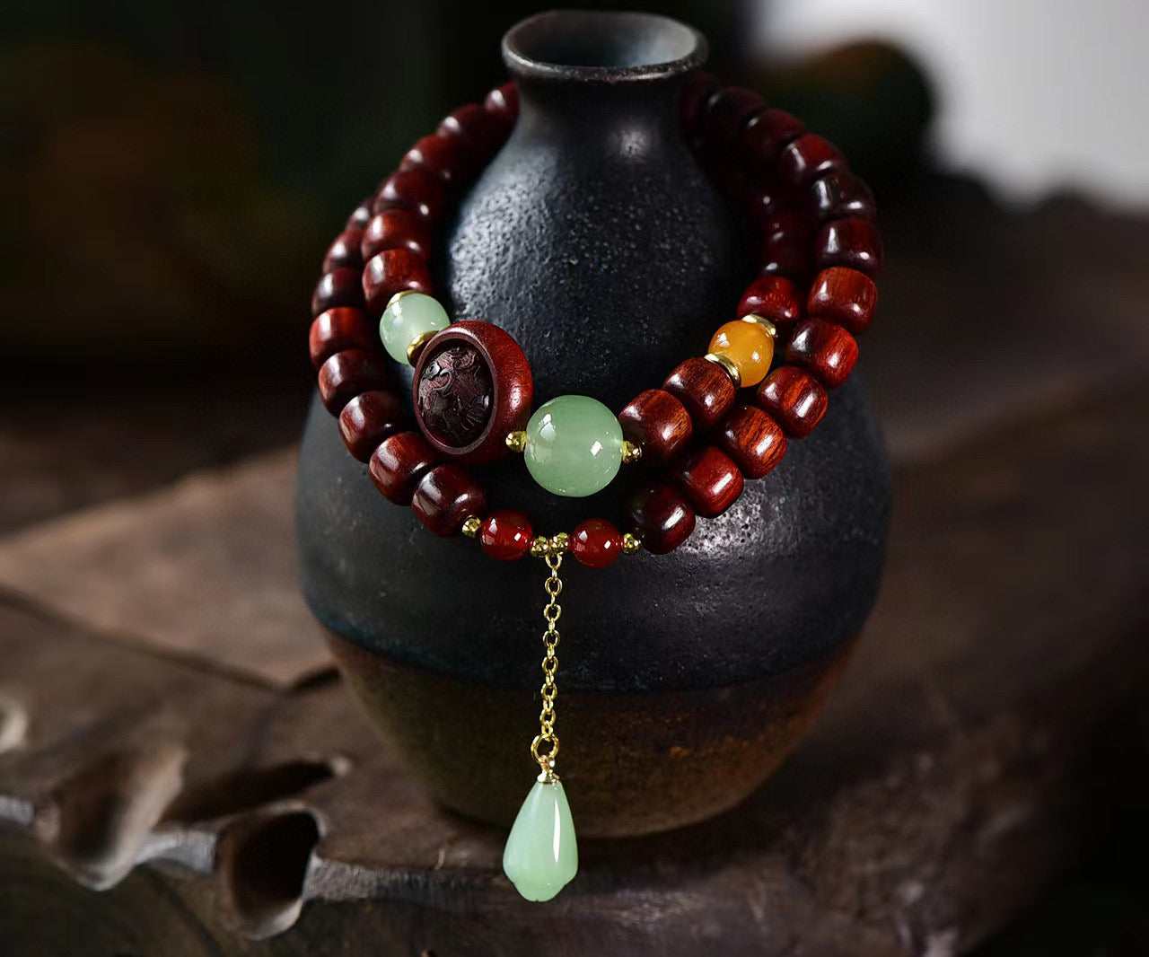 Small Leaf Red Sandalwood Two Loop Bracelet With Small Leaf Carved Beads And Jade Chalcedony Beads