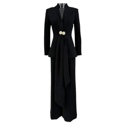 Stylish Pleated Collar Blazer And Straight Leg Pants Set