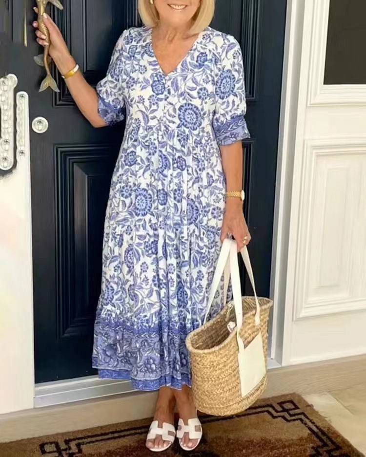 V-Neck Floral Dress, Seaside Resort Beach Dress, Loose And Versatile Long Dress