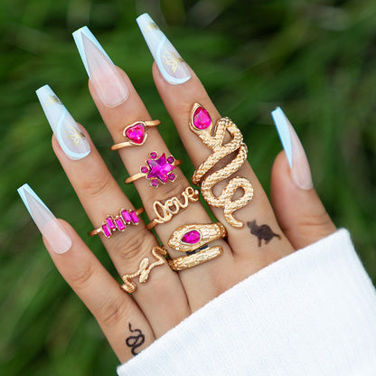 Snake Heart Shaped Gemstone Rings Jewelry Set