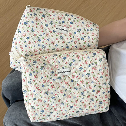 Corduroy Flower Print Sweet Make Up Bag