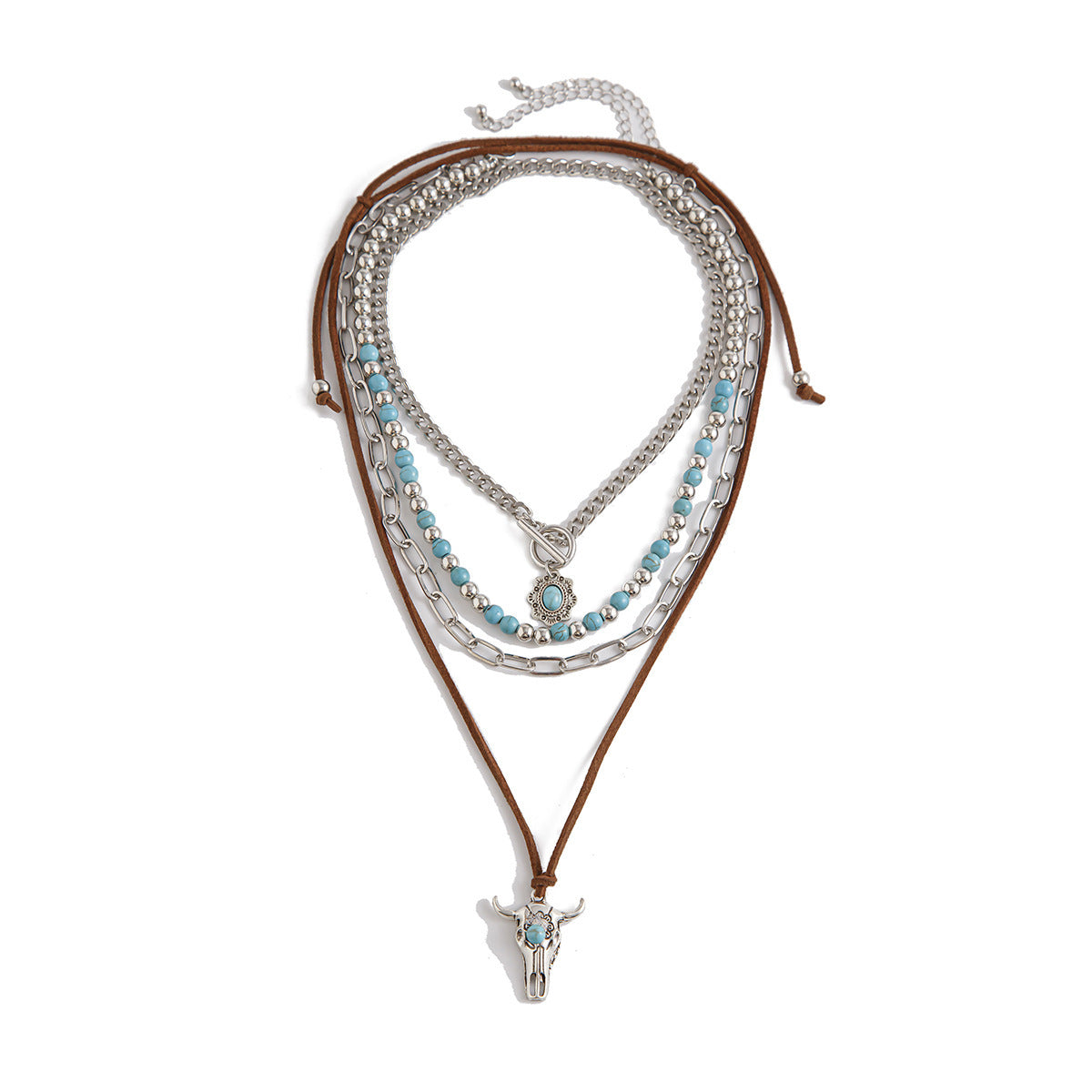 Vintage Turquoise Bull Skull Choker Necklace With Beads