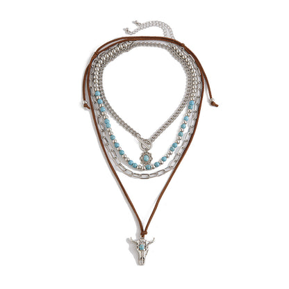 Vintage Turquoise Bull Skull Choker Necklace With Beads