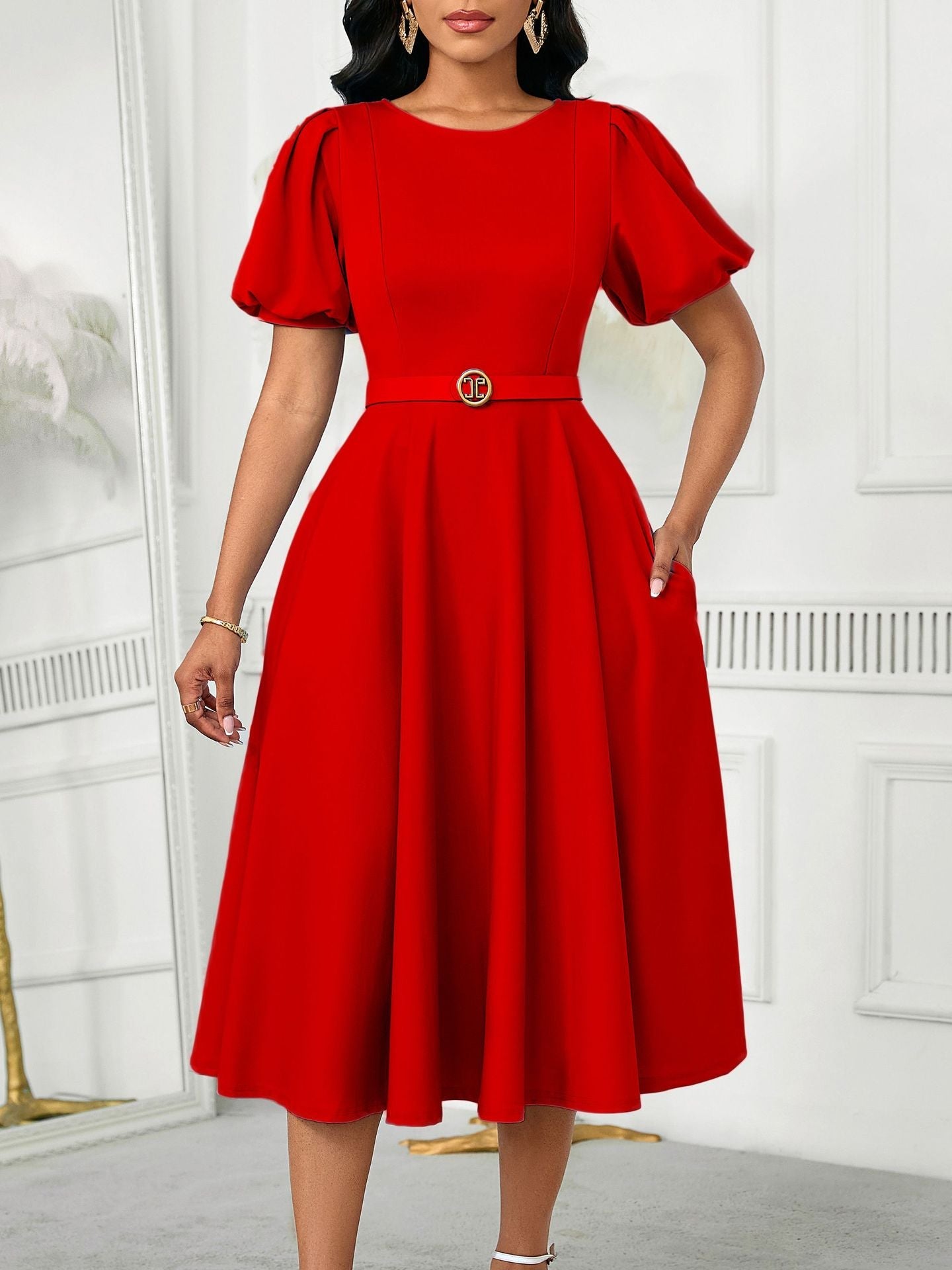 Elegant High-Waist A-Line Dress With Puff Sleeves