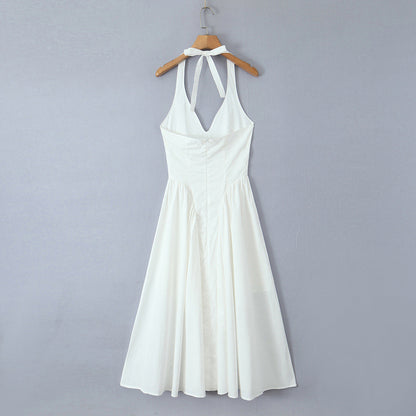 Solid Color Halter V-Neck Ruffle Maxi Dress