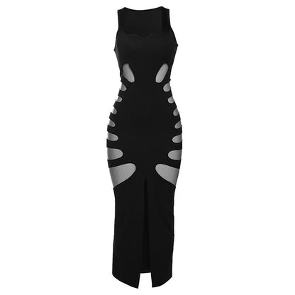High Waist U-Neck Hollow Out Bodycon Maxi Dress