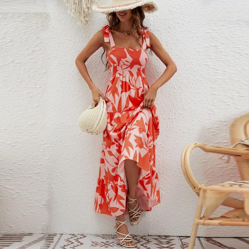 Ruffle Print Sleeveless String Strap Dress