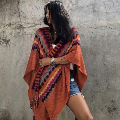 Striped Sweater Shawl Sleeveless Knit Cape Over Women'S Thick Blanket Coat