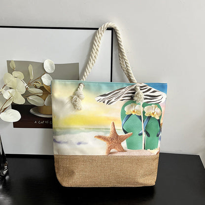 Large Capacity Digital Print Linen Beach Bag for Women
