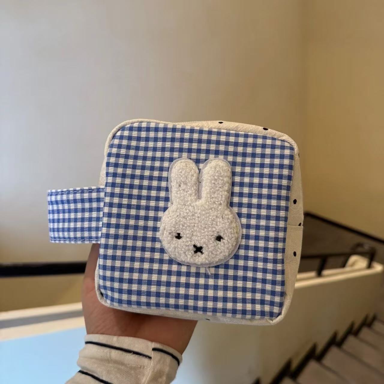 Blue Checkered Bunny Storage Bag Cute Animal Camera Bag