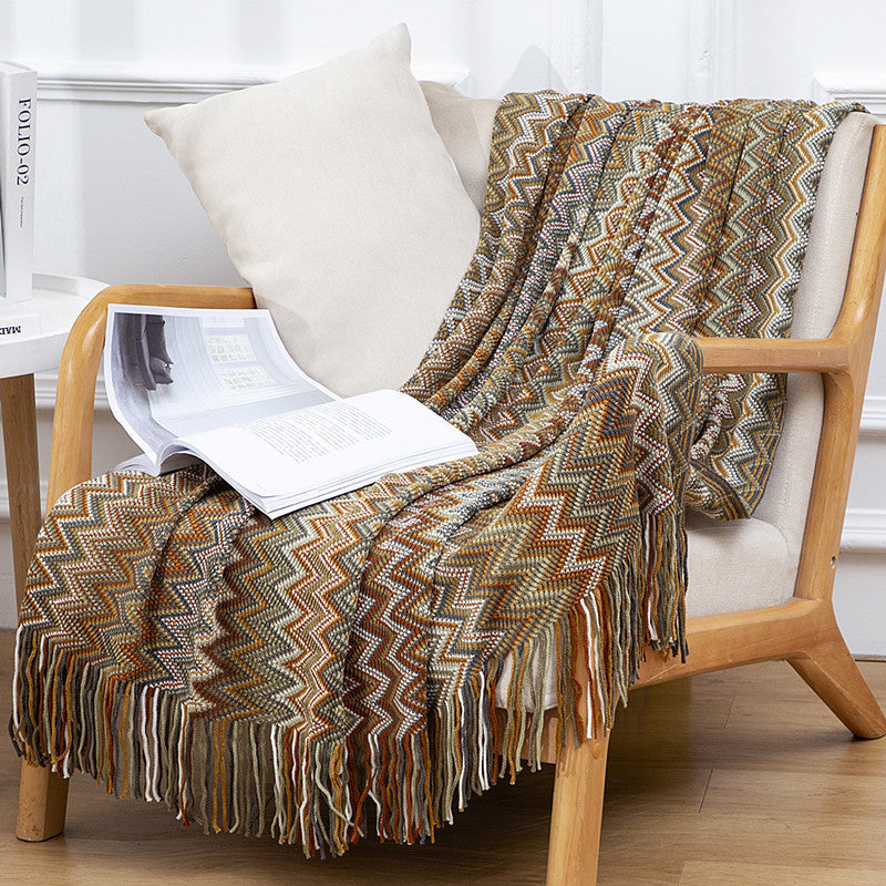 Boho Tassel Knit Color Block Throw Blanket