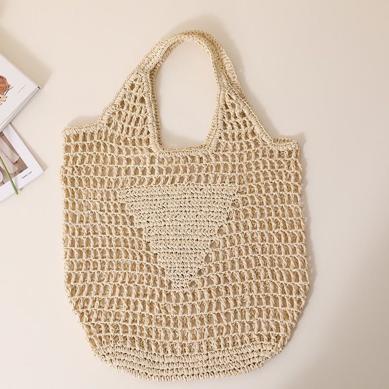 Solid Color Hollow Out Woven Handbag