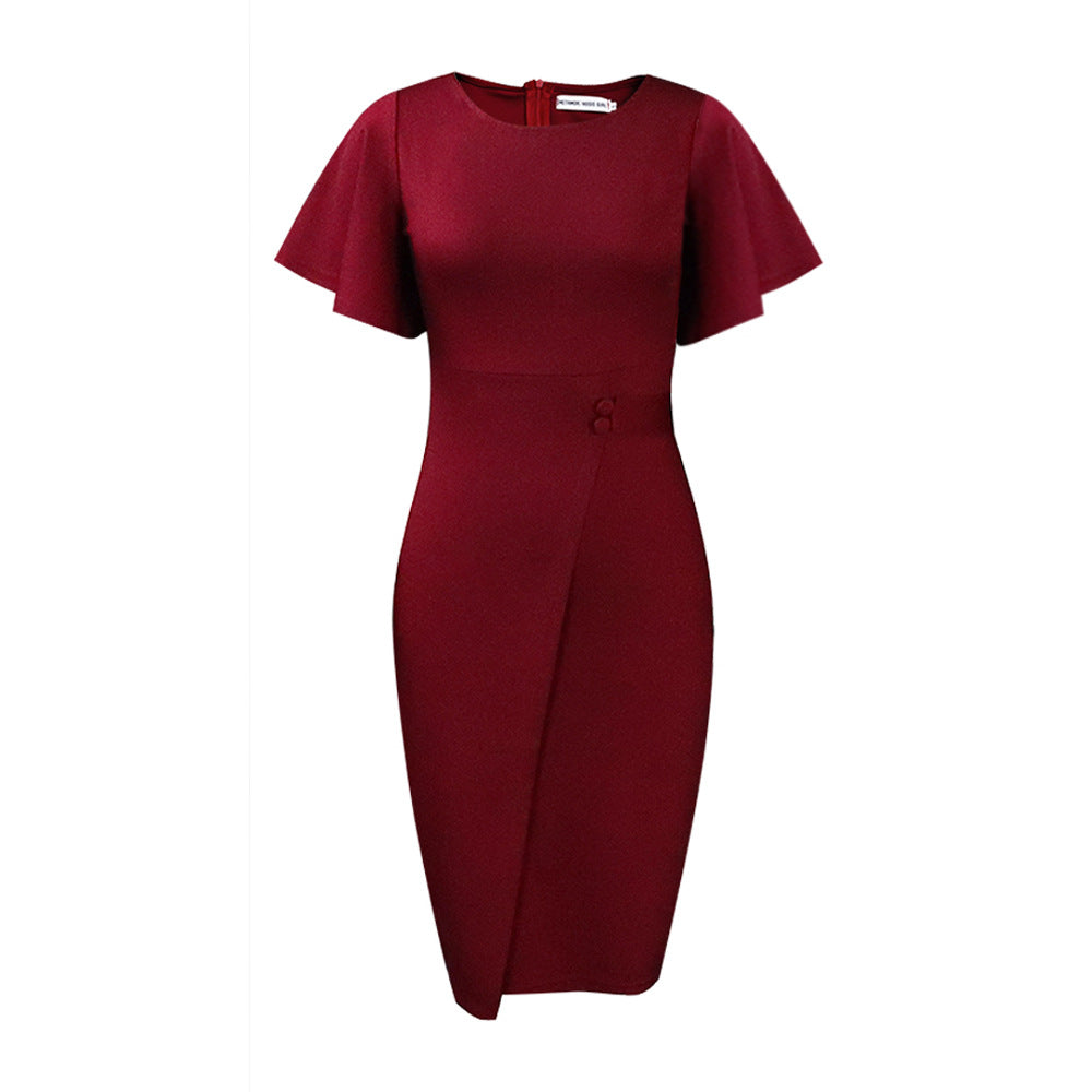 Elegant High-Waisted Ruffle Sleeve Office Dress