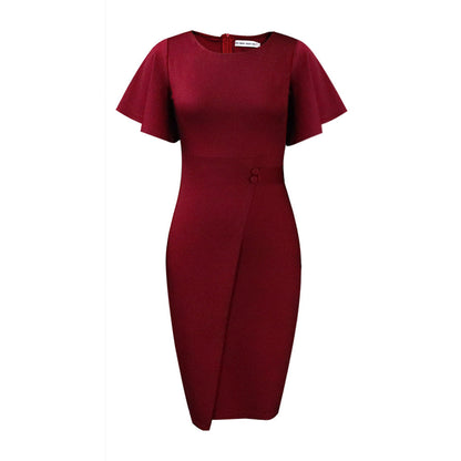 Elegant High-Waisted Ruffle Sleeve Office Dress