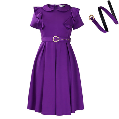 Elegant High Waist Ruffle Hem A-Line Dress With Peter Pan Collar