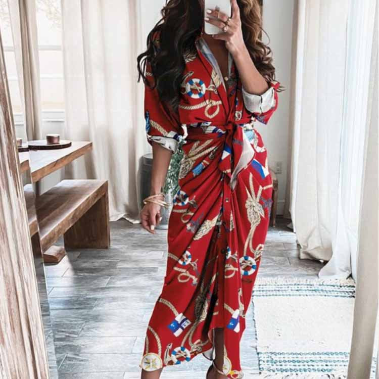 Elegant Floral V-Neck High-Waisted Dress for Women