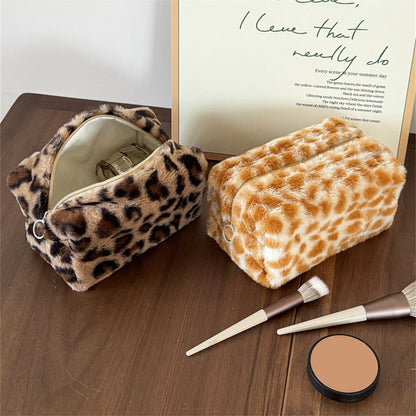 Fuzzy Plush Leopard Print Travel Cosmetic Bag