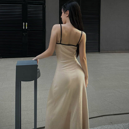Sleeveless V-Neck Bodycon Dress with Open Back in Beige