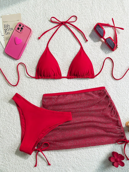 3PCS Backless Sexy Halter Bikini Swimwear