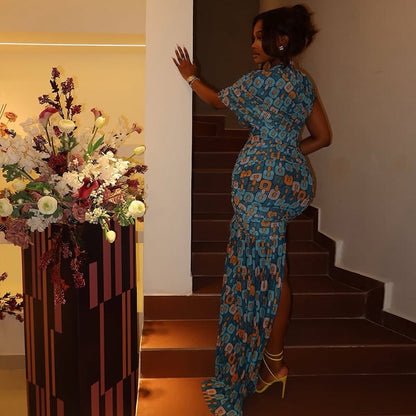 Retro Elegant Floral Print Long Dress With Side Slit
