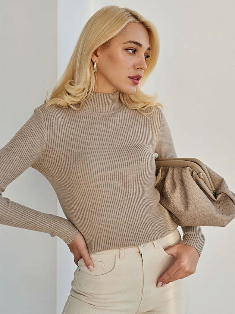 Solid Color Mock Neck Sweater Women Trendy Slim Fit Long Sleeve