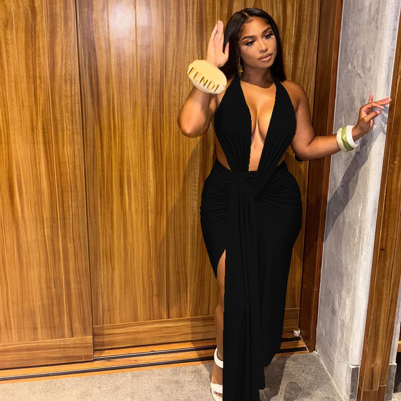Bodycon Solid Color Wrap Dress With Neck Tie And V Neckline