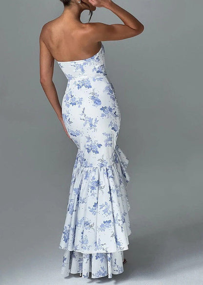 Strapless Ruffled Maxi Dress With Floral Print