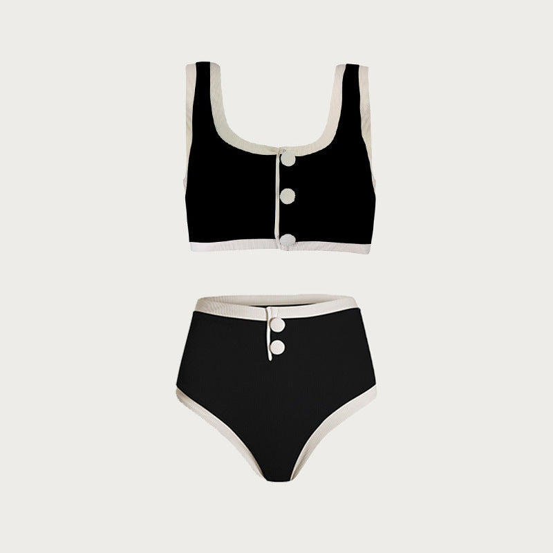 Color Block Button Down Bikini Sexy Swimwear