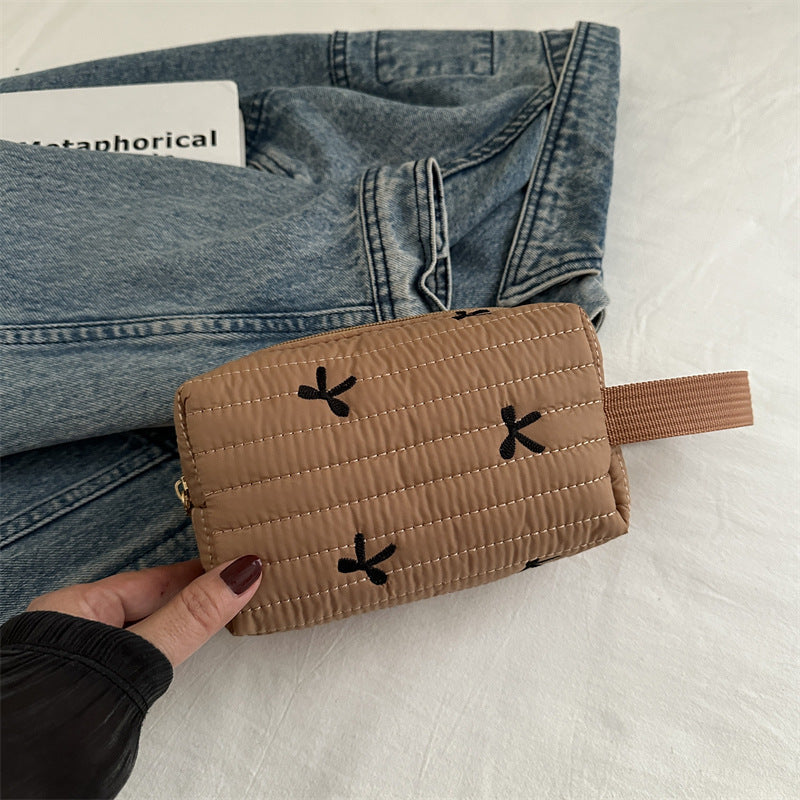 Cute Bow Embroidery Portable Puffer Cosmetic Bag