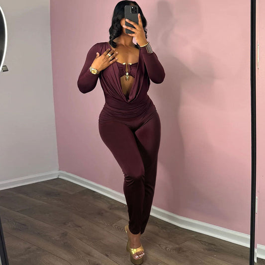 New Sexy Solid Color Jumpsuit With Wrap Neckline And Fitted Waist