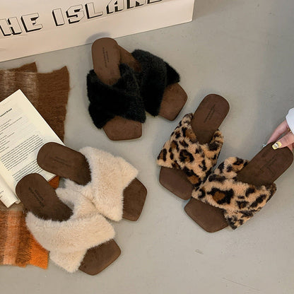 Square-Toe Cross-Strap Fuzzy Slippers