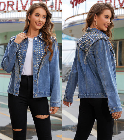 Stylish Denim Jacket With Rivets And Tassels