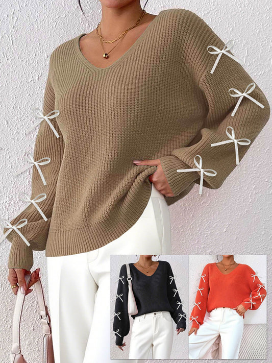 Ribbon Bow Detail V-Neck Sweater Casual Knit Top
