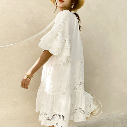 White Lace Midi Dress Elegant Casual Cotton Summer Dress