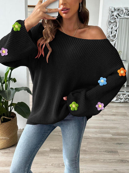 Women鈥檚 Crochet Floral Patchwork Top Loose Off-Shoulder Sweater