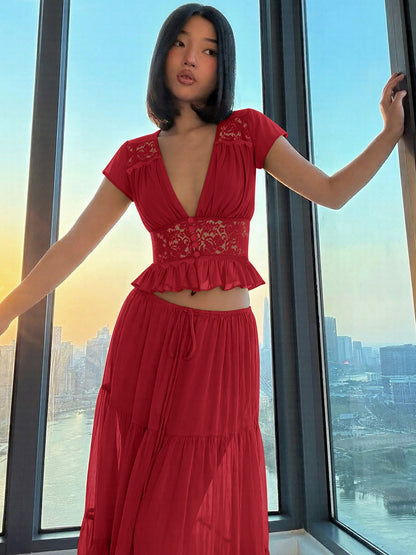 Trendy French Lace Chiffon Cardigan T-Shirt with Loose Fit Maxi Dress