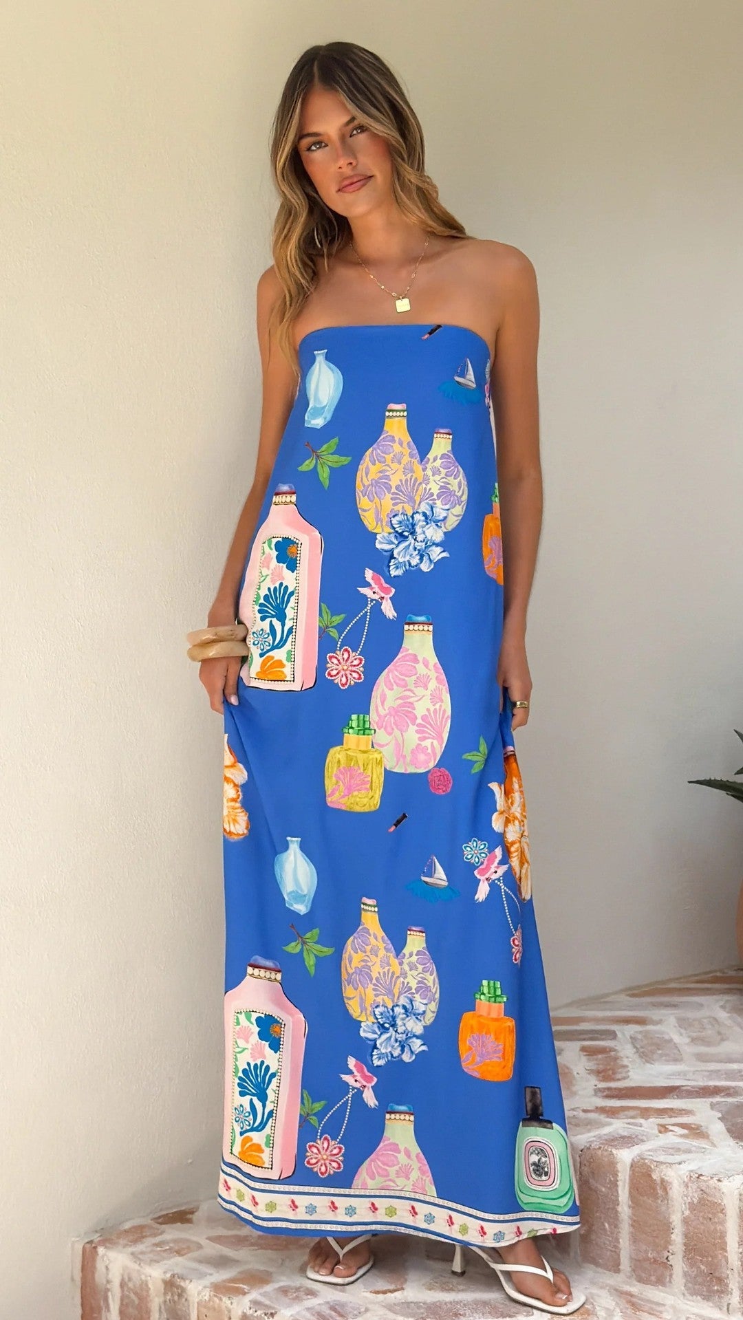 Casual Linen Strapless Dress With Artistic Prints