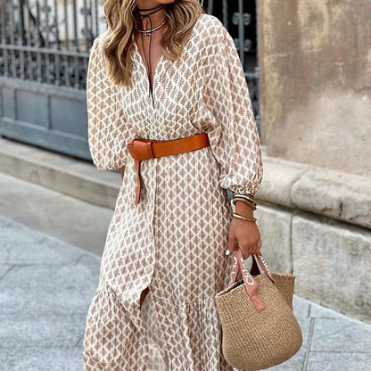 Fall/Winter New Fashion Belt Print V-Neck Simple Temperament Long Dress