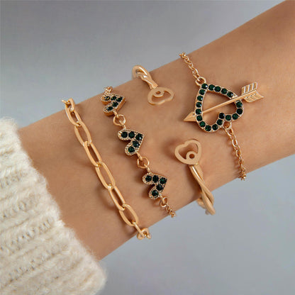 Heart-Shaped Emerald Gemstone Bracelet Set With Rhinestones