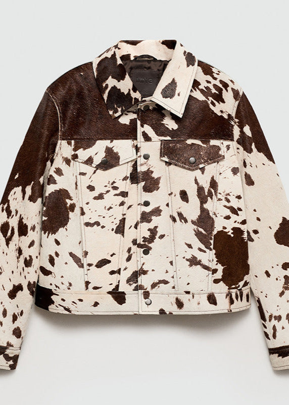 Cow Print Faux Fur Jacket With Denim Style